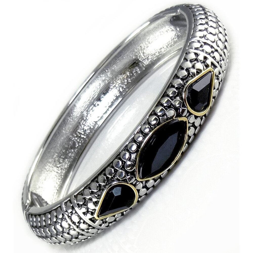 Bracelet Silver Gold Bangle Black Crystal Dot Texture Hinged Designer Style